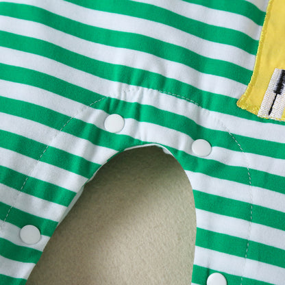 おむつ替えもスムーズで快適 子ども長袖カバーオール グリーンボーダー きりんアップリケ コットン混 60〜90cm