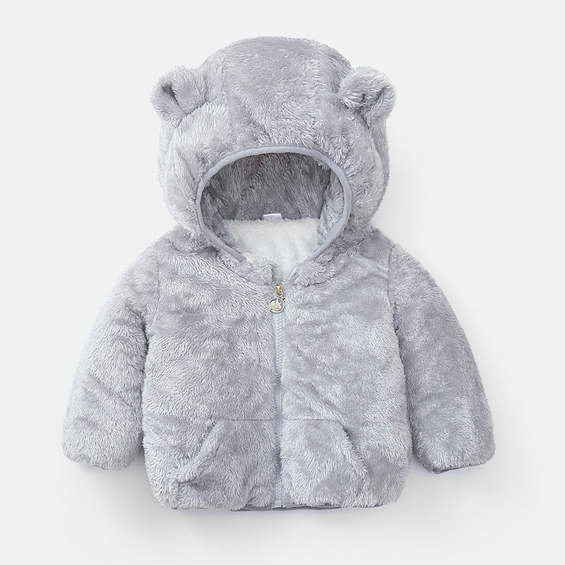 kids fuzzy ear hooded jacket gray color front view on hanger
