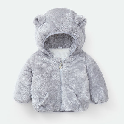 kids fuzzy ear hooded jacket gray color front view on hanger
