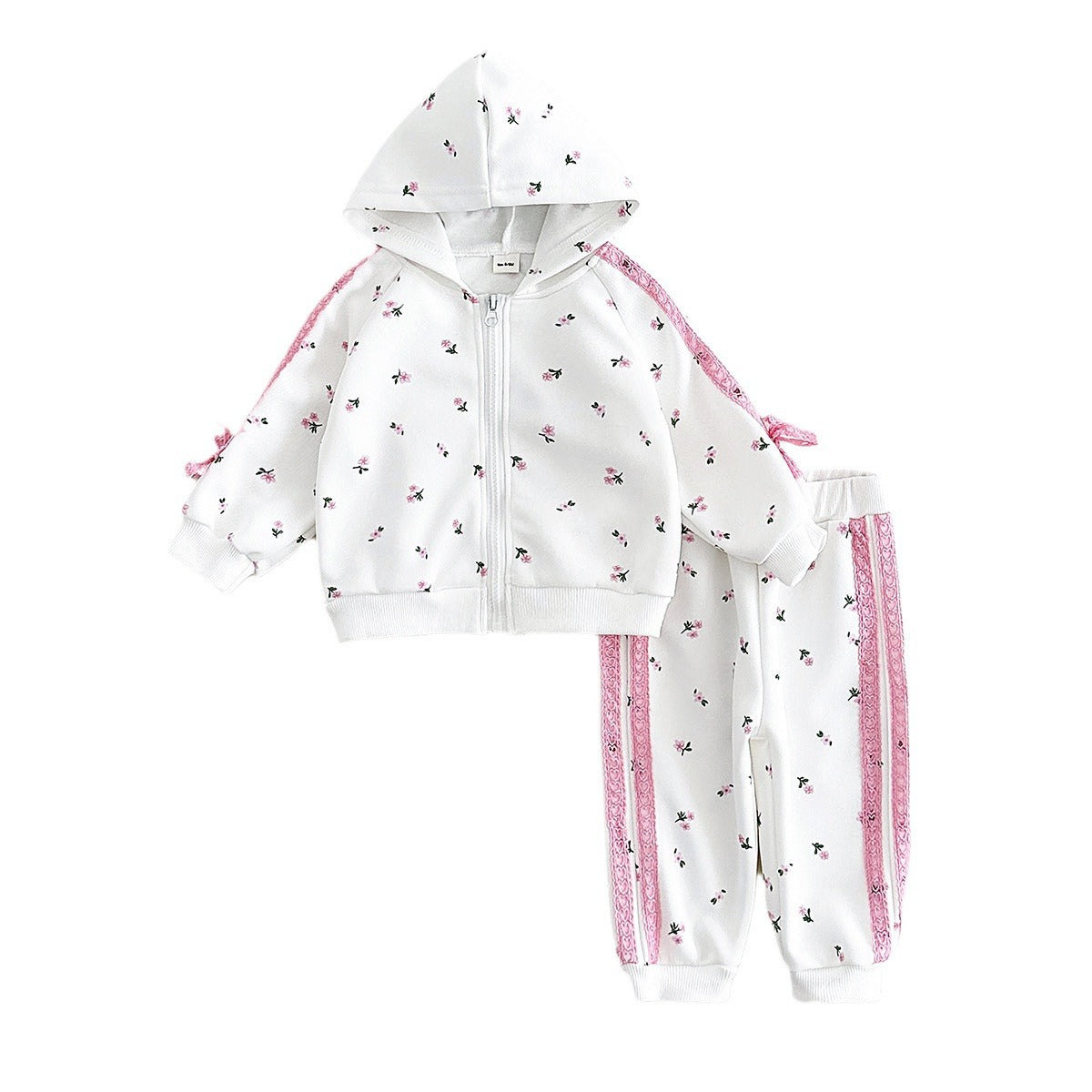 やさしいぬくもりでおでかけが楽しくなる 女の子フード付きジップアップジャケット＆ロングパンツセット 小花柄×レースライン コットン素材 6ヶ月〜3歳
