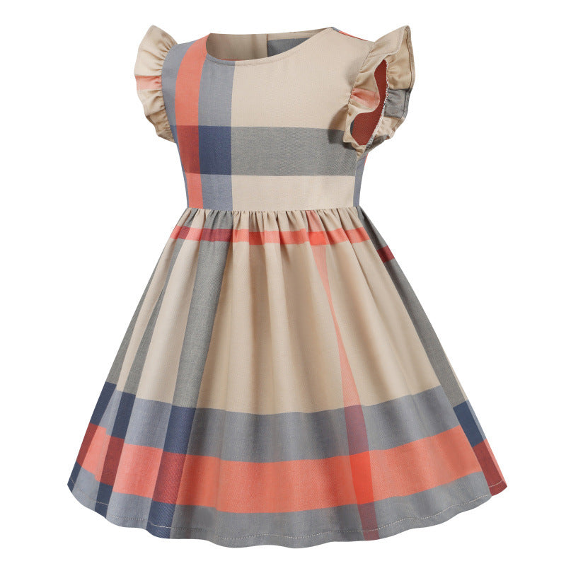 上品マルチチェックで写真映えする 女の子フリル袖ワンピース ピュアコットン 90~140cm