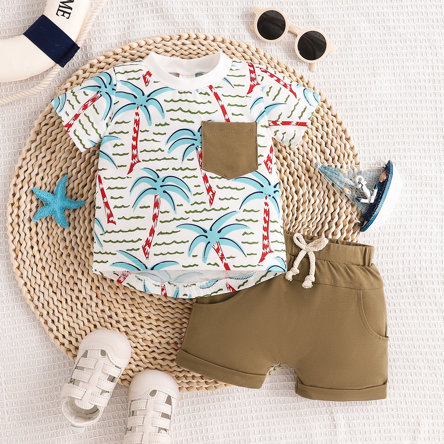さらっと涼しく夏コーデが完成する 男の子カジュアル2点セット ヤシの木プリント ストライプ柄 コットン 0〜3歳