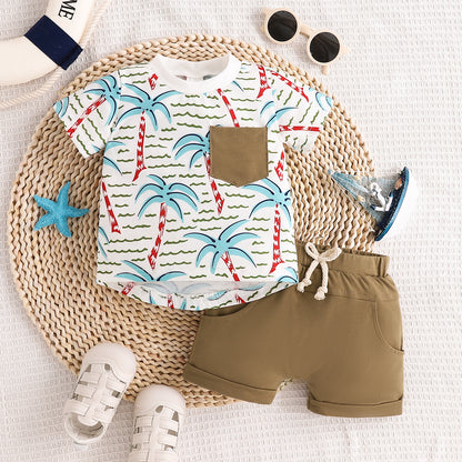 さらっと涼しく夏コーデが完成する 男の子カジュアル2点セット ヤシの木プリント ストライプ柄 コットン 0〜3歳