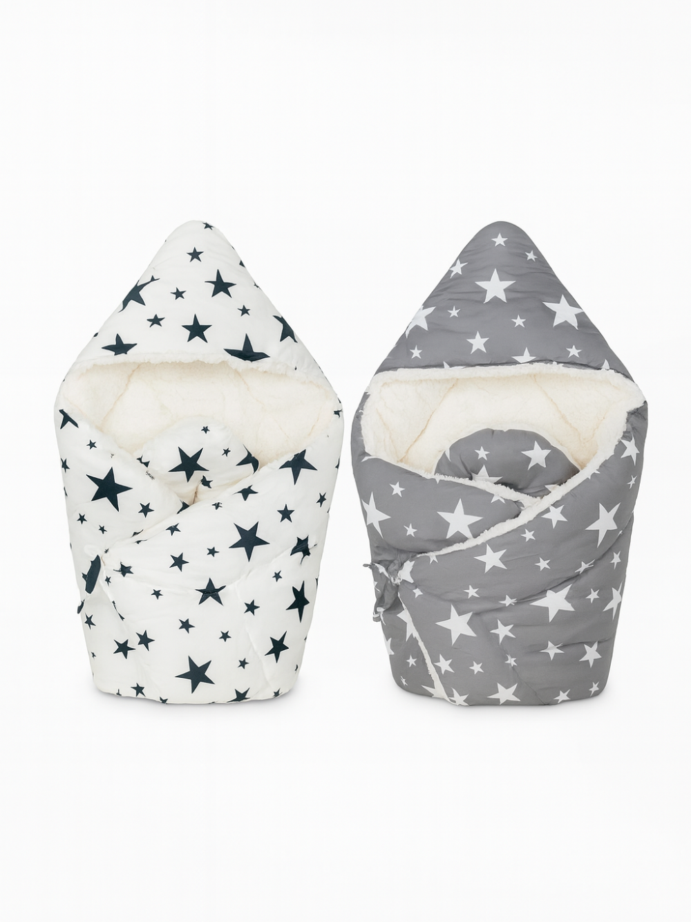 ホワイトとグレーの星柄ベビー純綿キルトおくるみを並べて置いた商品写真（ベビーおくるみ 星柄ブランケット 防寒）
