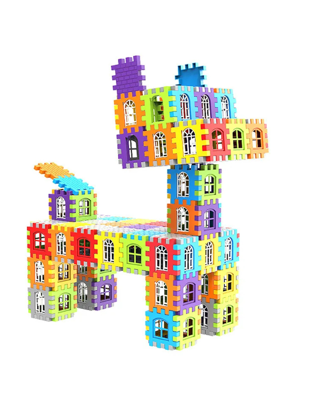 カラフルな窓付き大粒ブロックでキリンのような大きな動物を立体的に組み立てた全身写真
