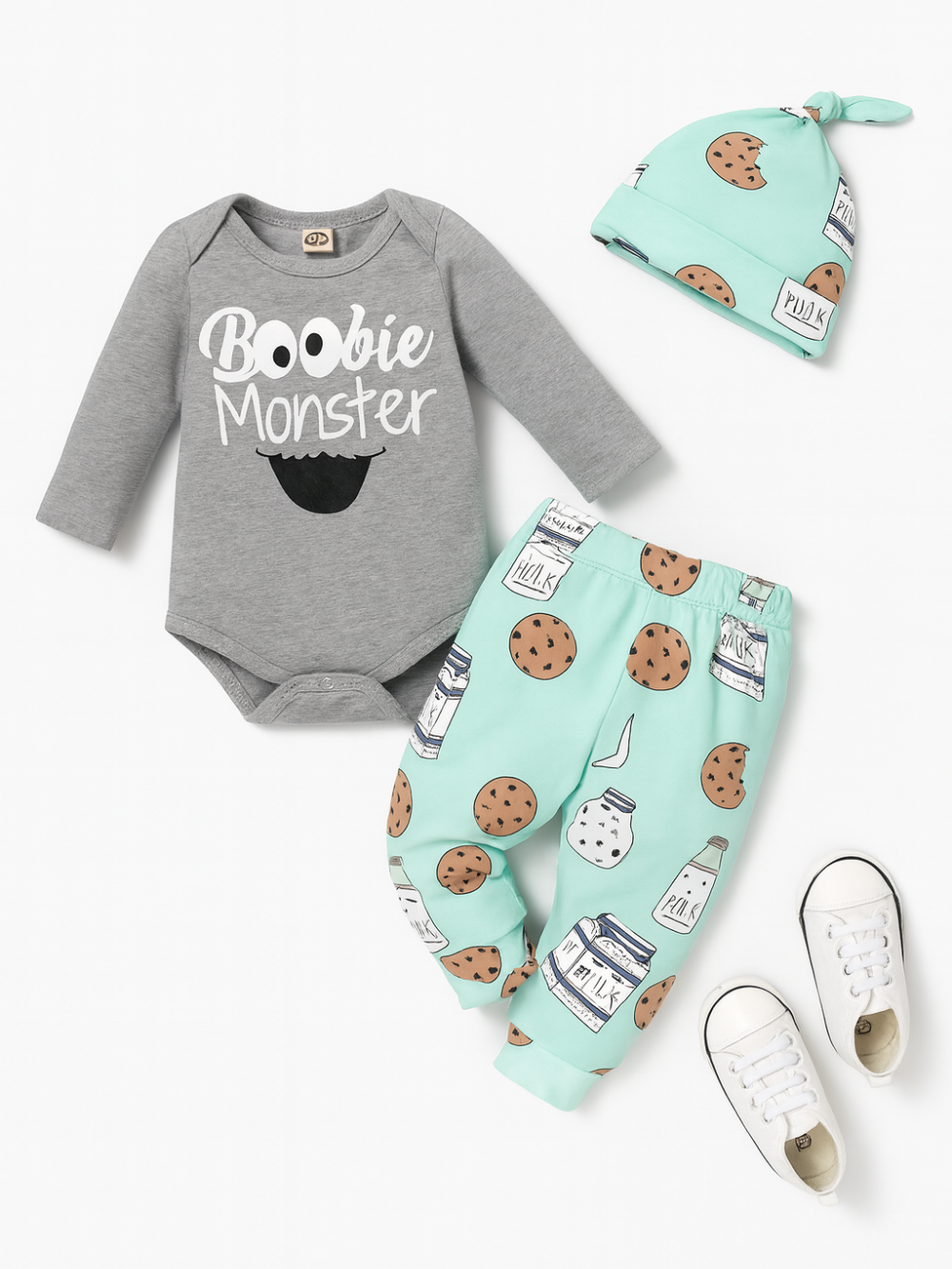 グレーの長袖ロンパースとミントカラー総柄パンツのベビーセットアップ正面フラットレイ
