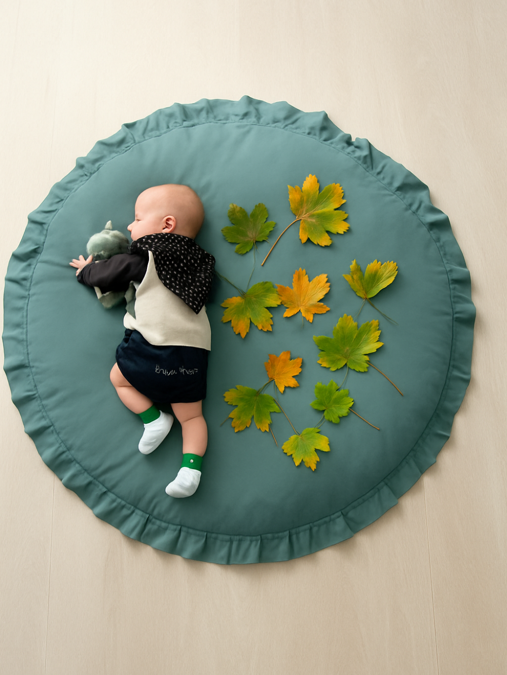 円形ラウンドベビープレイマット 直径約100cm 厚み約2cm フリル付き コットン100% ふんわり床遊びマット 寝返り・お昼寝・室内あそび用