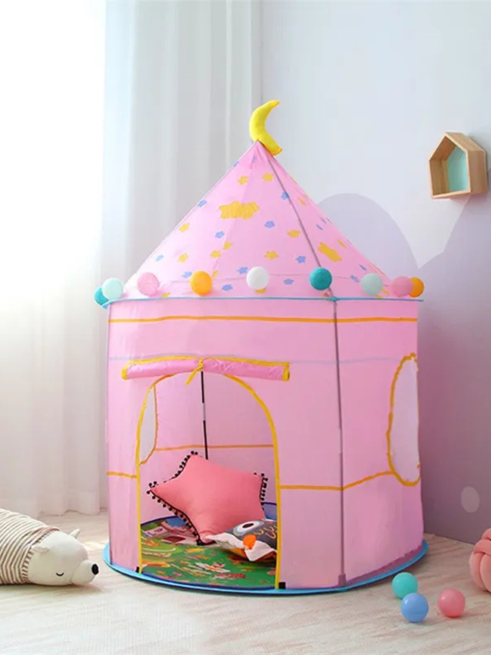 キャッスル型キッズテント ピンク 室内設置イメージ 入口オープン
