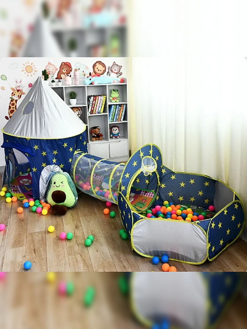 キャッスル3点セット ブルー 室内キッズテント＋トンネル＋ボールプール 使用イメージ
