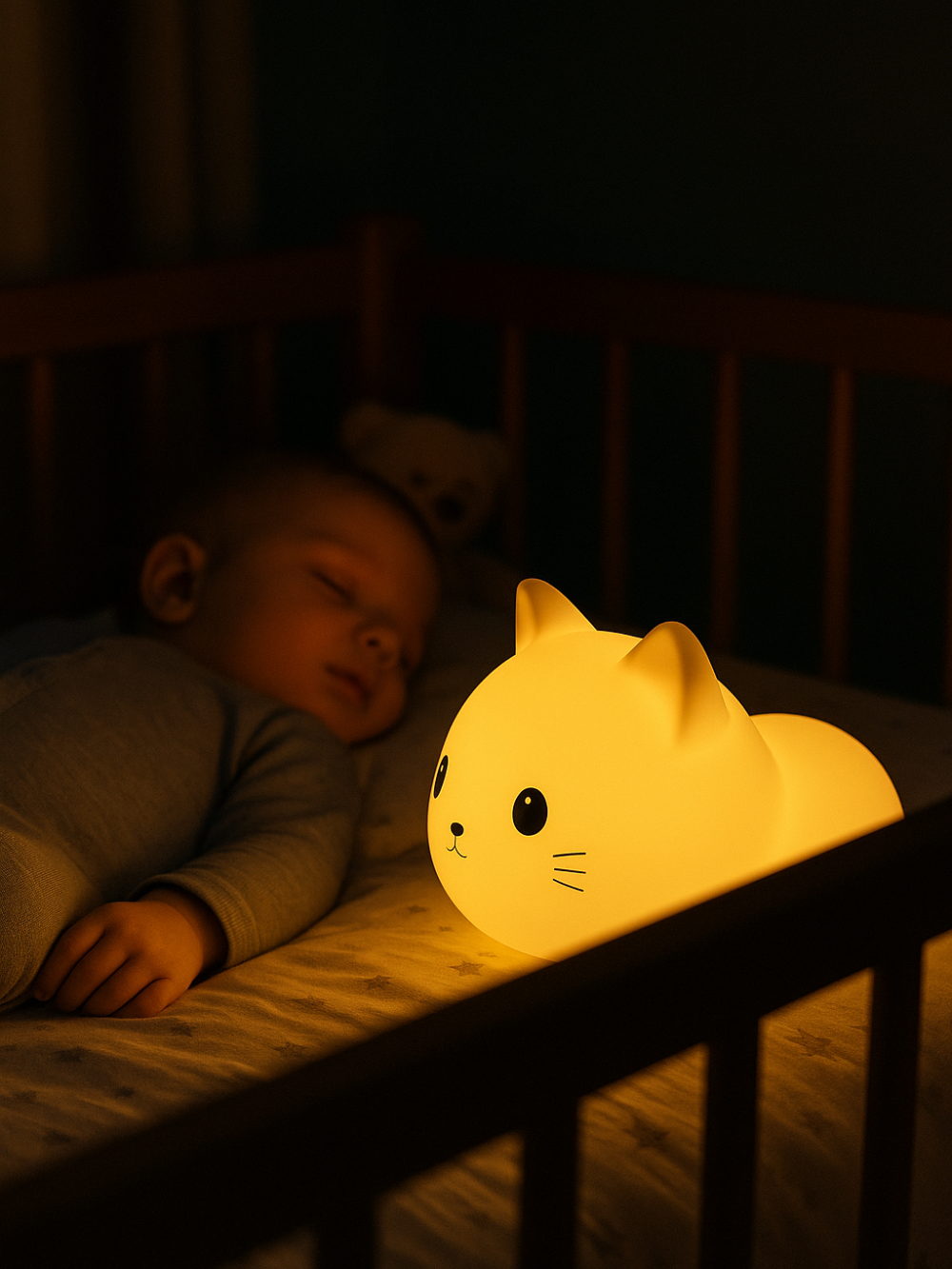 夜のベビーベッドの中で眠る赤ちゃんのそばに、横向きの猫型ナイトライトが柔らかく光っている様子
