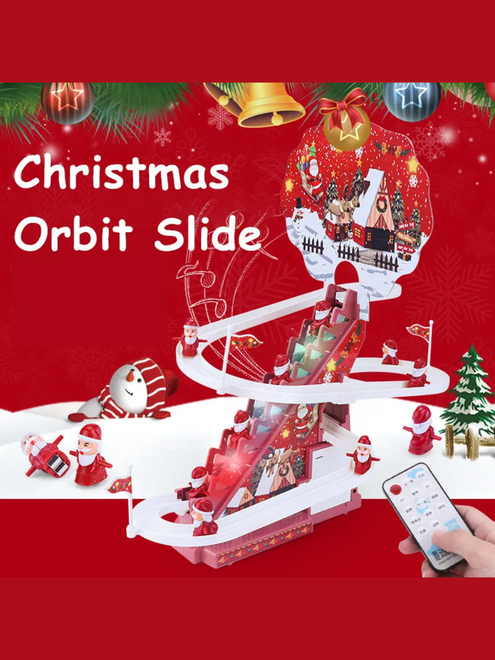 リモコンハンドルで操作するサンタ階段トラックおもちゃの使用イメージ
