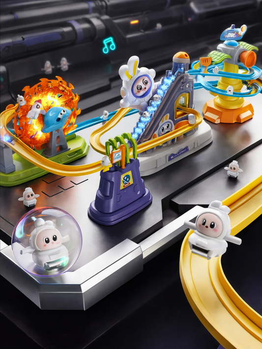 惑星オービット風の背景に宇宙ラビット電動階段トラック本体が置かれたメインイメージ
