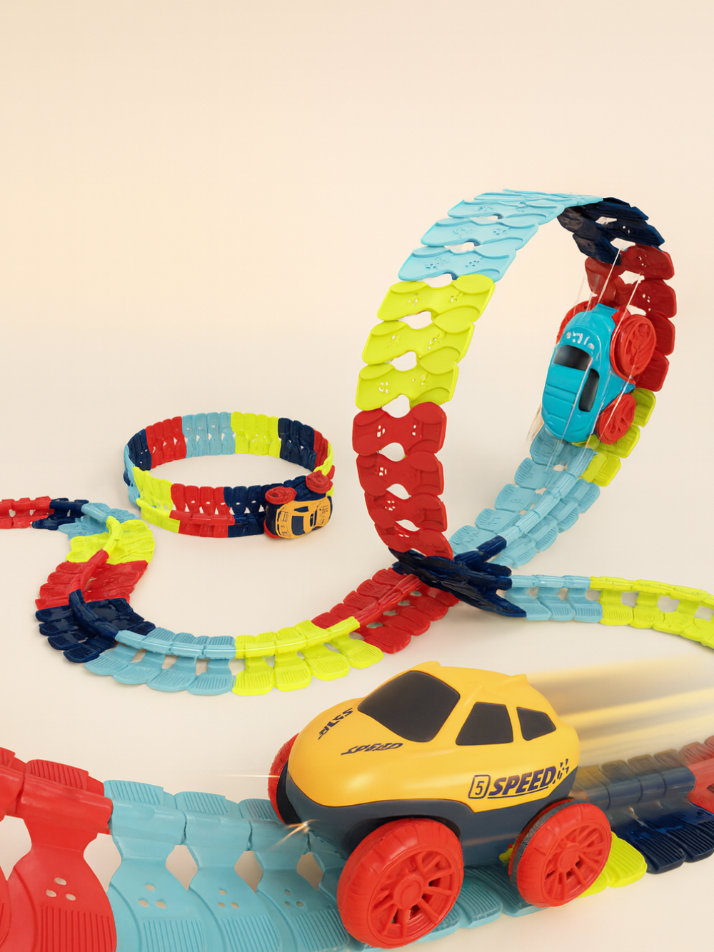 カラフルなループレールの上を電動ライトレールカーが走っているメインイメージ
