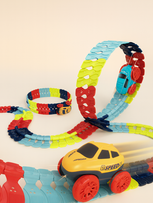 カラフルなループレールの上を電動ライトレールカーが走っているメインイメージ
