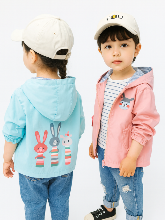 白いスタジオ背景で、パステルカラーのジャンパーを着た幼児2人が並んでいる様子。左の子は水色のフード付きジャンパーの背中にカラフルなウサギ柄、右の子はピンクのジャンパーに動物プリント入りで正面を向いている。```
