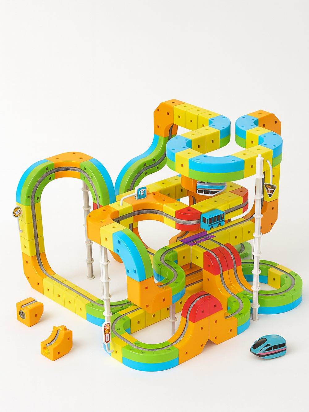 白いスタジオ背景の上に、カラフルなブロックで組み上げられた立体的な電車レールコースと小さな電車が配置された知育トイレールセットの全体写真
