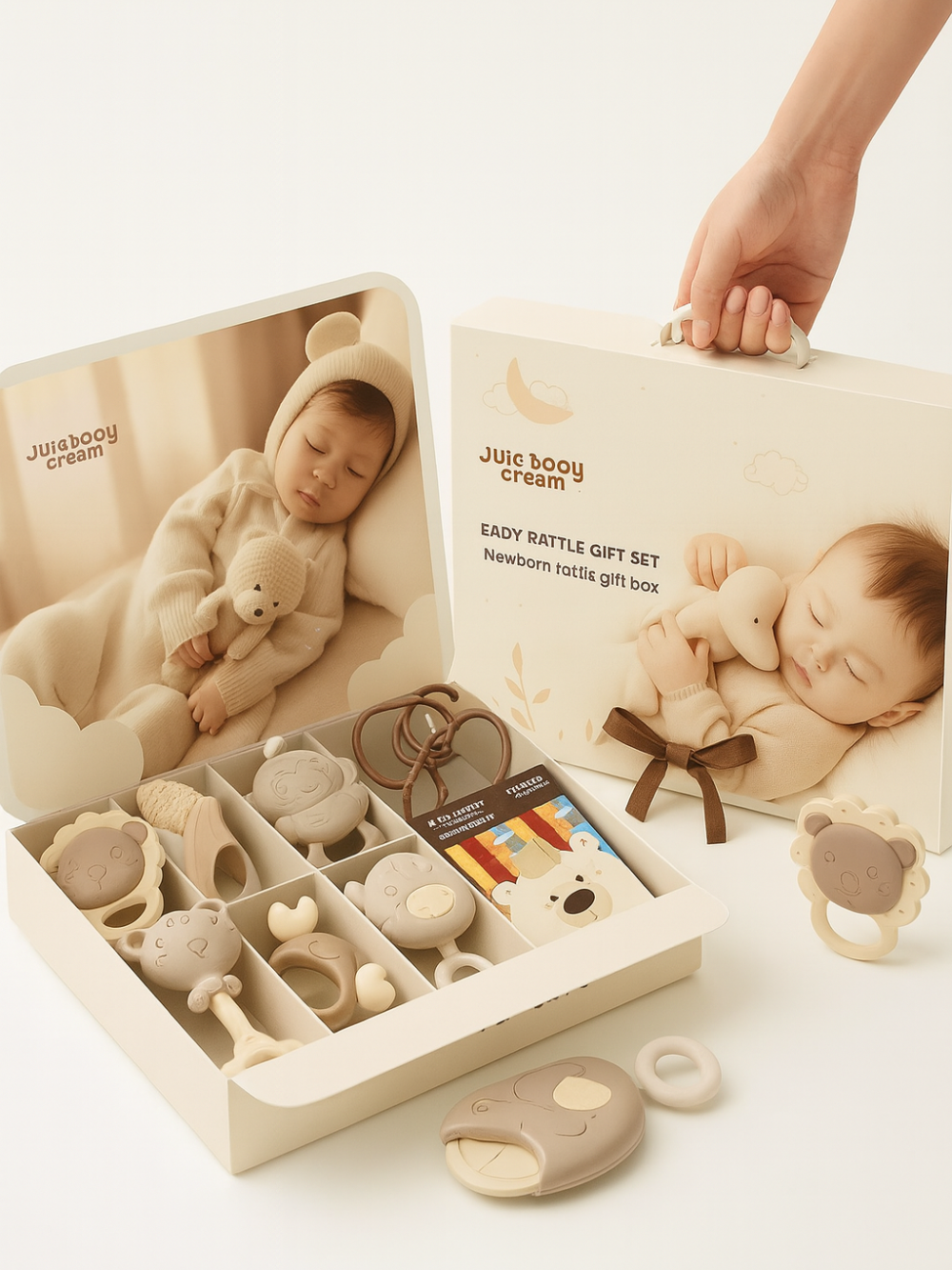 クリーム色のギフトボックスを開いた状態で、寝ている赤ちゃんの写真付きパッケージと、くまや動物モチーフのラトルや歯固めが整然と並んだ新生児用ベビーラトルギフトセットを柔らかなベージュトーンで撮影した商品画像

