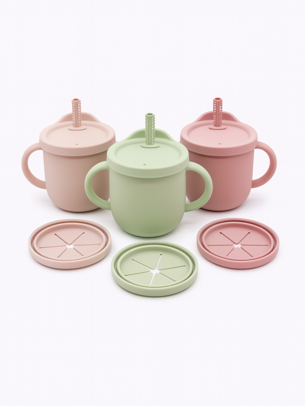 ダークピンク・ライトピンク・オリーブの取っ手付きシリコンベビーカップが3個並んでいる画像（シリコンベビーカップ）
