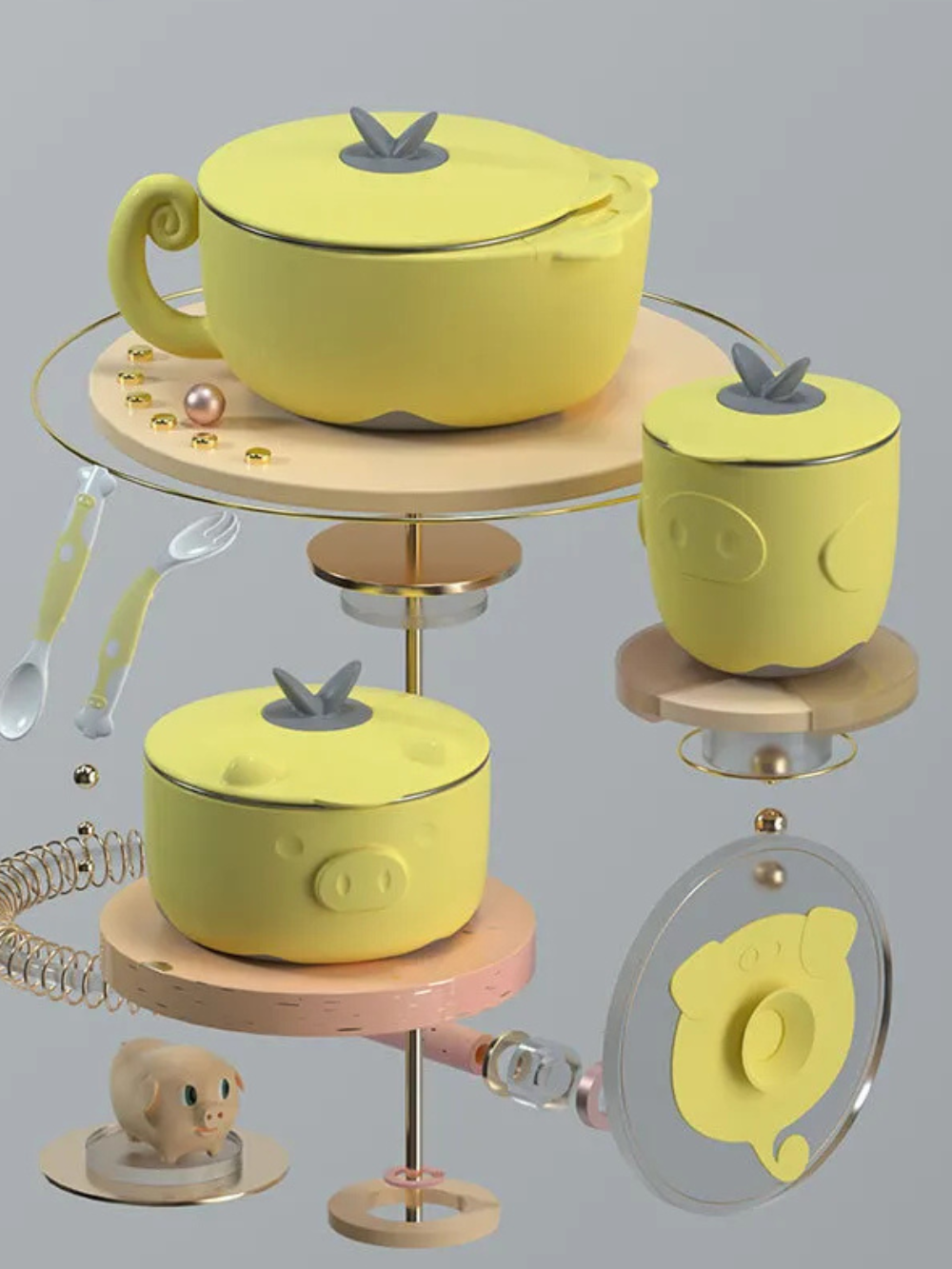 イエローの吸盤付きステンレスベビーボウルとカップのセットを分解してスタンドに並べた画像（ステンレスベビー食器セット）
