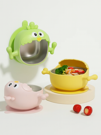 グリーンのひよこボウルとイエロー・ピンクのボウルを並べたメイン画像（ひよこシリコンベビーボウル）
