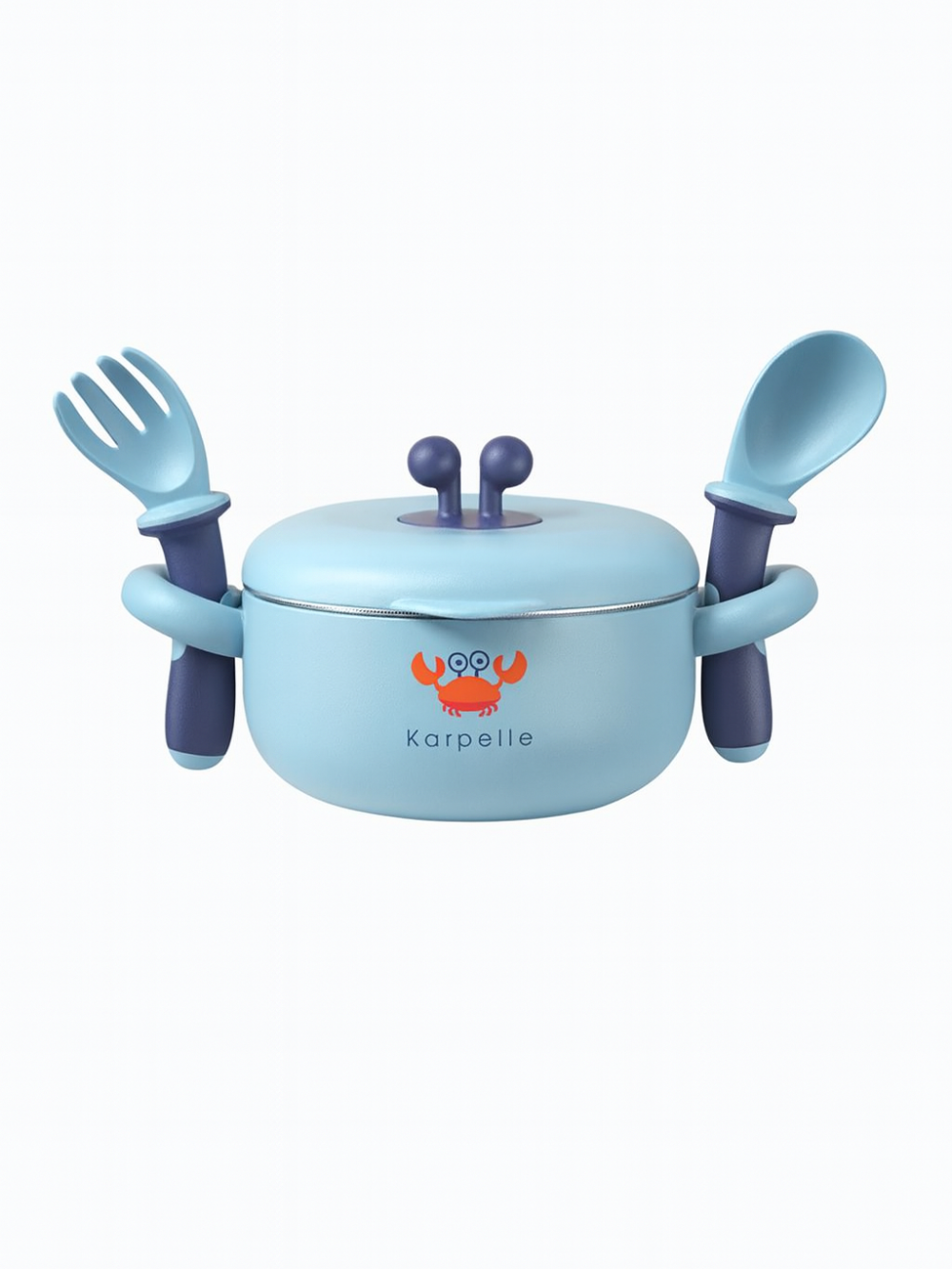 ブルーのステンレスインナー付きベビー補完食ボウルとカトラリーセットを台座に載せた画像（ステンレスベビー食器セット）
