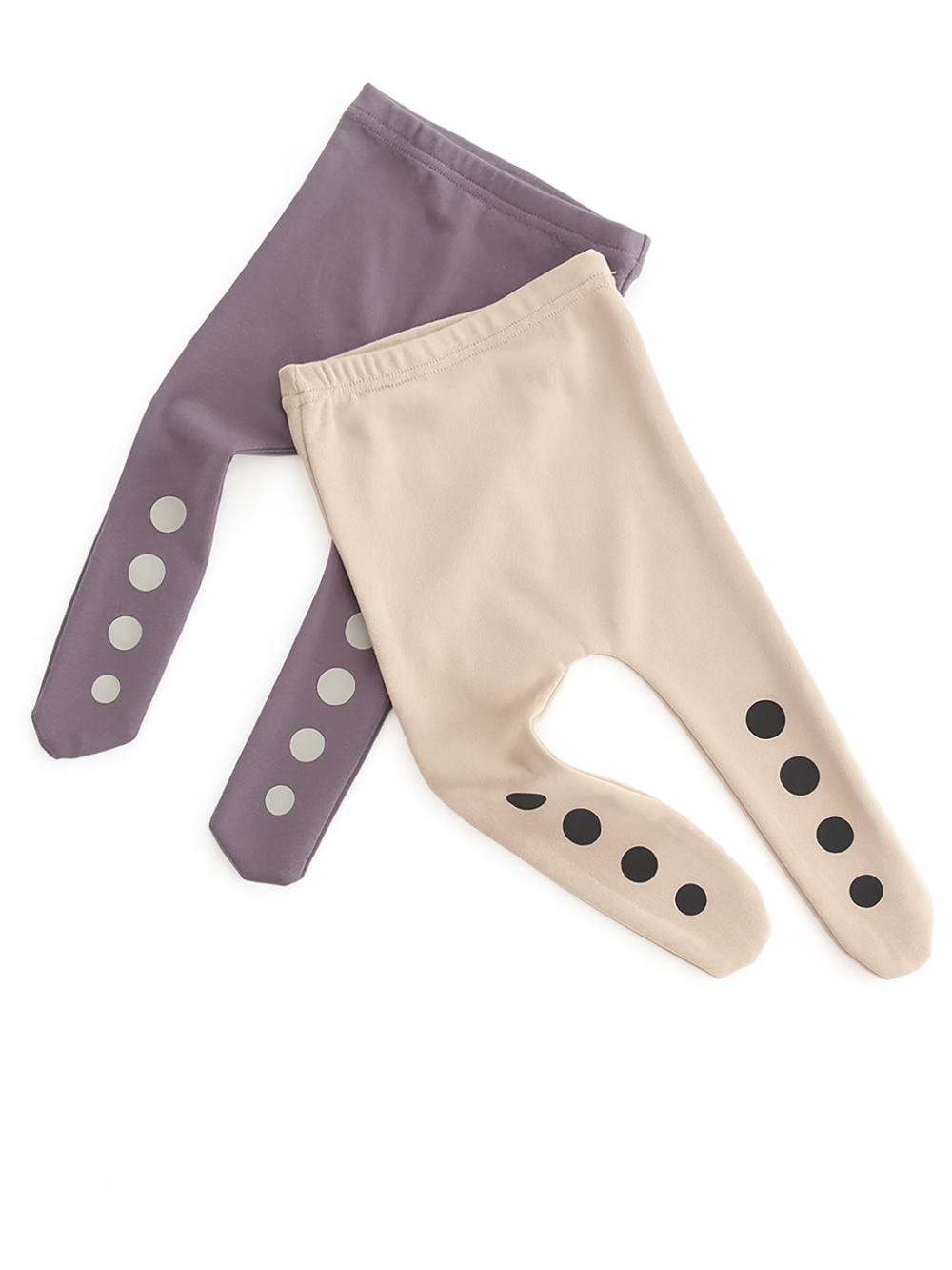 ナチュラルカラーのフット付きベビーレギンス2枚を並べたトップビュー
