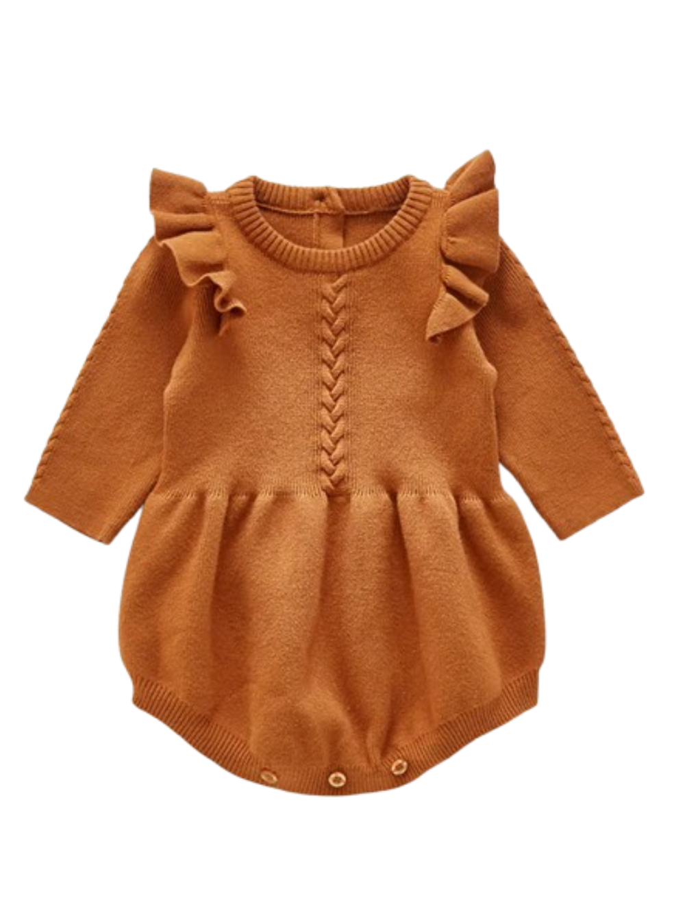 フリル付き長袖プリンセス風ベビーロンパース（ブラウン）を正面から撮影した全体画像
