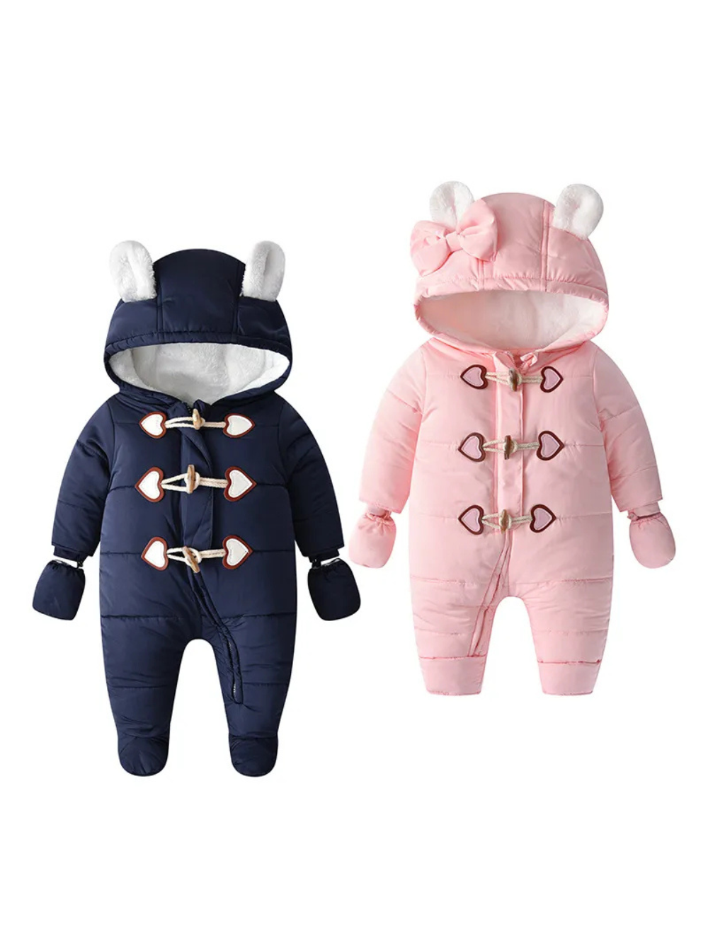 ネイビーとピンクの耳付きフード長袖ベビーカバーオールを並べた全体画像
