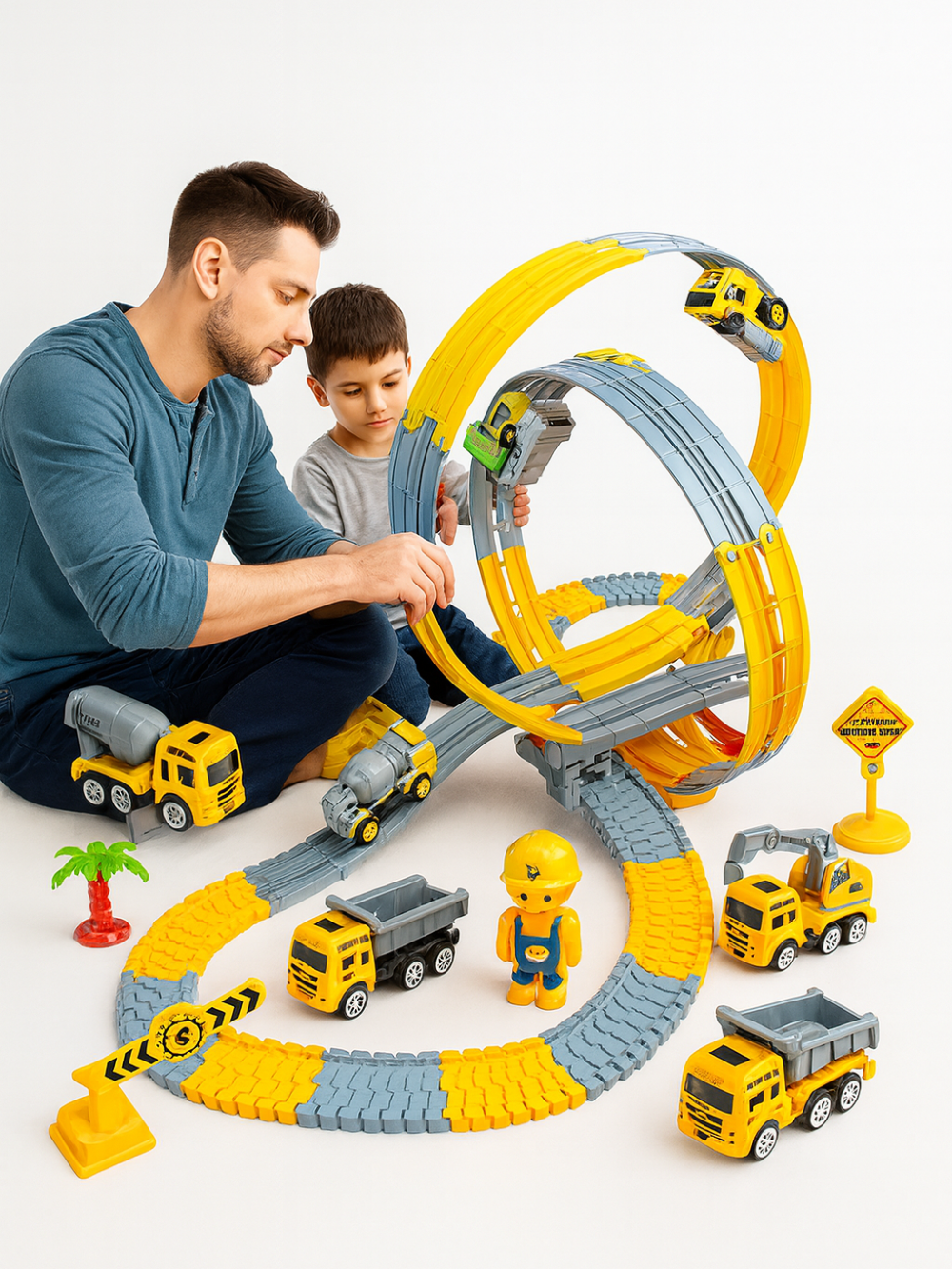 白いスタジオ背景で、お父さんと男の子が黄色とグレーの工事車両レールコースおもちゃで遊んでいる様子
