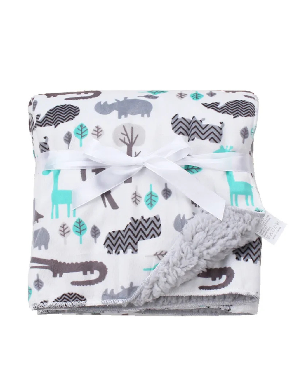 グレー地にミントグリーンのアニマル柄が入ったコーラルフリース ベビーブランケット（ベビー毛布）を畳んだ状態の写真
