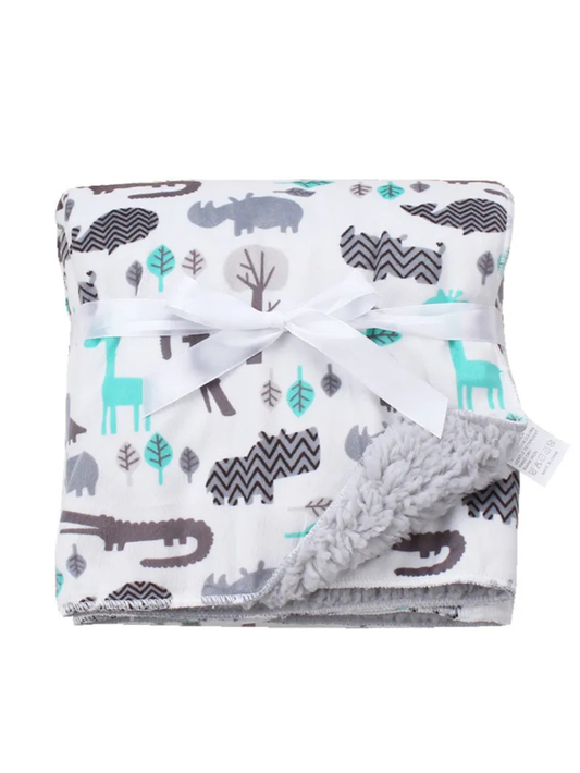 グレー地にミントグリーンのアニマル柄が入ったコーラルフリース ベビーブランケット（ベビー毛布）を畳んだ状態の写真
