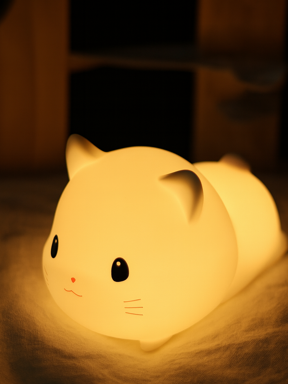 暗い部屋の中で、布の上に置かれた猫型ナイトライトがやわらかい黄色の光を放っている様子
