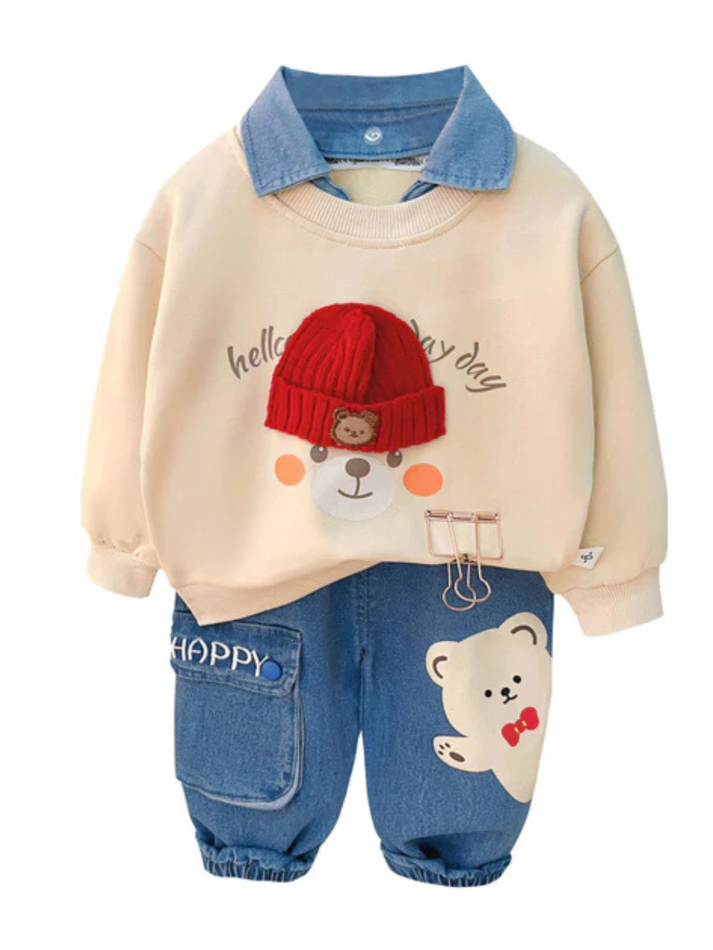 ベージュのくまプリントスウェットとクマワッペン付きデニムパンツをセットにした子ども用上下コーデ正面
