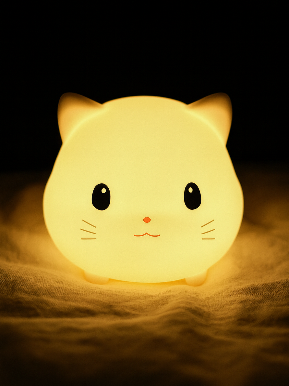 暗い背景の前で、布の上に置かれた正面向きの猫型ナイトライトがやわらかく光っている様子
