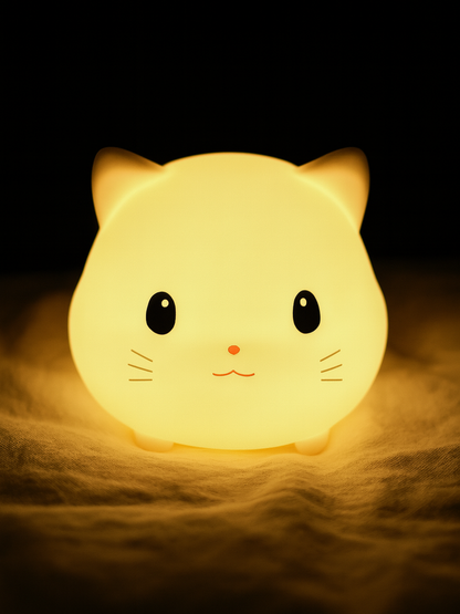 暗い背景の前で、布の上に置かれた正面向きの猫型ナイトライトがやわらかく光っている様子
