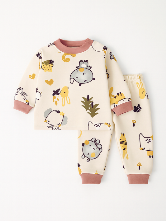動物カートゥーン柄のカーキ色厚手トップスとロングパンツのあったかベビーインナー上下セット
