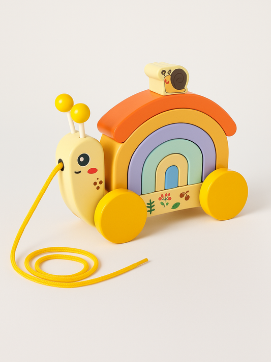 レインボーブロックを背中に乗せた木製カタツムリのプルトイを正面から撮影した画像
