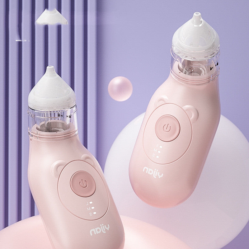 鼻づまりケア用の電動鼻吸い器が柔らかな背景の前に立っている写真(子ども用 鼻水吸引器)
