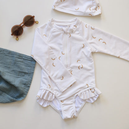 キッズ女の子 UV対策 ラッシュガード風 長袖ワンピース水着 フロントジップ フリル付き 高伸縮ポリエステル 80cm・90cm・100cm・110cm・120cm・130cm