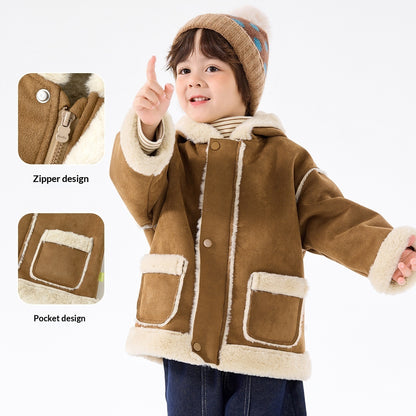 ふんわりボアで冬のおでかけもあったか 女の子フード付きコート テリークロス風ポリエステル 80–130cm