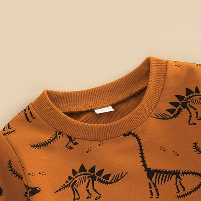 のびのび動けて毎日が楽しくなる 子ども長袖トップス＆ロングパンツ上下セット 恐竜ボーンプリント コットン ライトブラウン 70~110cm