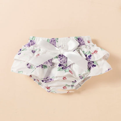 ふんわりフリル袖で写真映えする 女の子ベビー半袖ロンパース バイオレット 花柄ショートパンツ＆リボンヘアバンド付き コットン95% スナップ留め 70~100cm