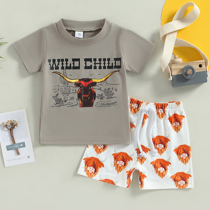 元気に遊べておしゃれも決まる 男の子半袖Tシャツ＆ショートパンツ上下セット WILD CHILD牛プリント コットン 70~110cm