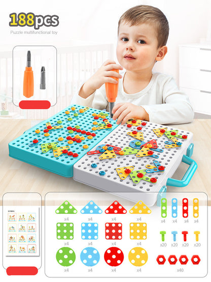 男の子が水色と白のボードで遊び、下部に188ピース構成の三角・四角・丸プレートやネジパーツの一覧が表示されたセット内容画像
