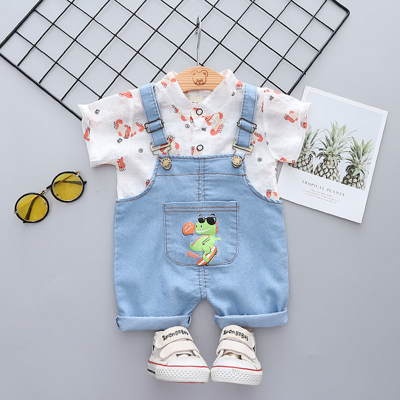 夏のおでかけがきちんと可愛く決まる 男の子半袖シャツ＆デニムサロペットショーツ上下セット 恐竜プリント コットン 80~110cm