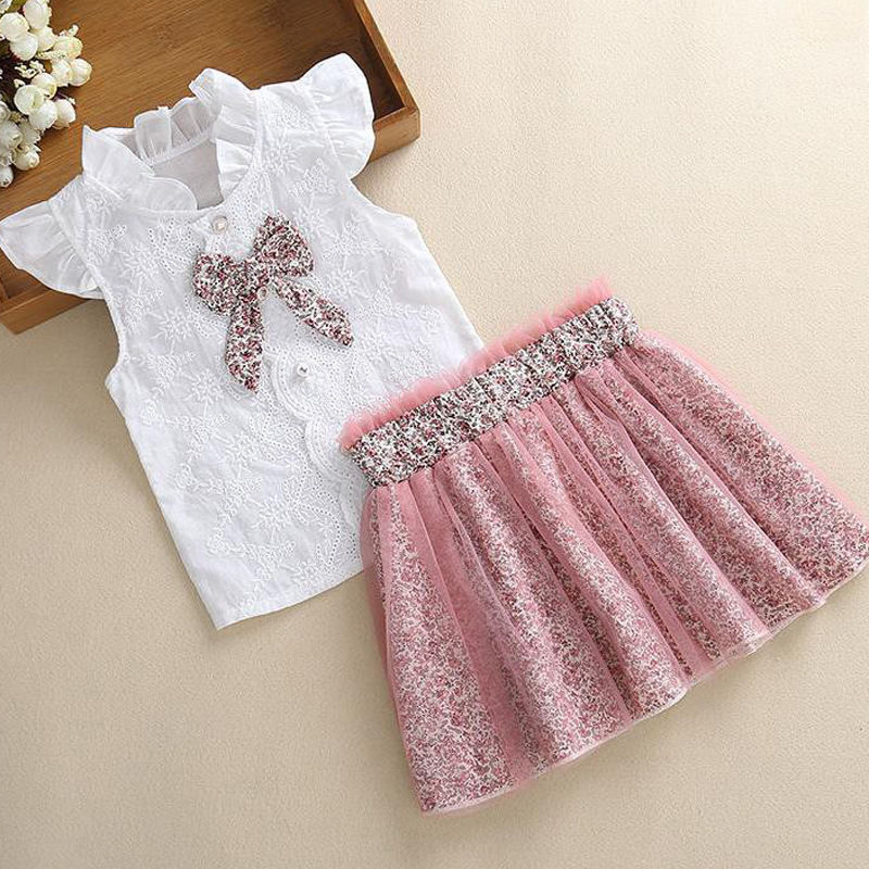 ふんわり花柄とリボンが上品に映える 女の子シフォン風ノースリーブトップス＆フレアスカートセット コットン混素材 90~130cm