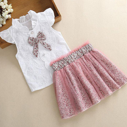 ふんわり花柄とリボンが上品に映える 女の子シフォン風ノースリーブトップス＆フレアスカートセット コットン混素材 90~130cm