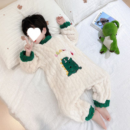 男の子向けダークグレー恐竜フランネルパジャマの全身イメージ
