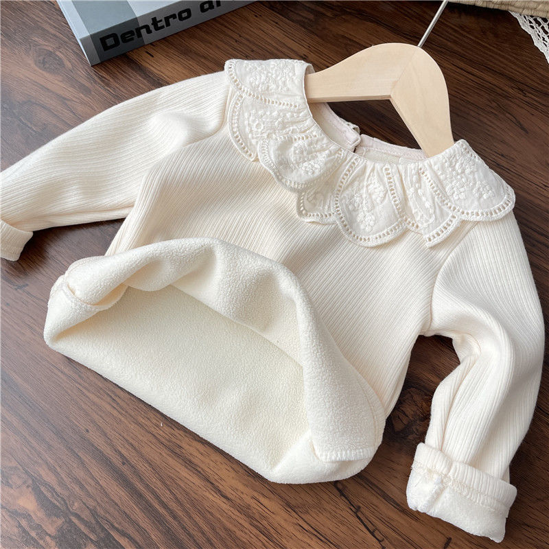 ベージュレース襟コットン裏起毛トップス | Beige Lace Collar Cotton Fleece-Lined Baby Top Lumisei Prime