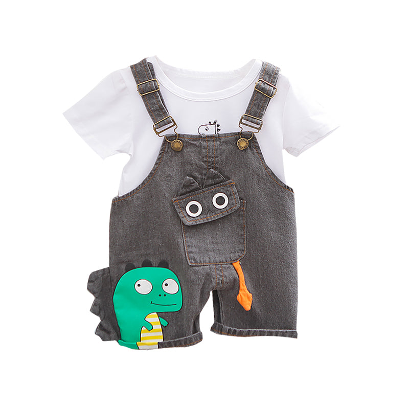 元気に動ける 子ども半袖Tシャツ＆サロペットショートパンツセット 恐竜モチーフ デニム調 70~110cm
